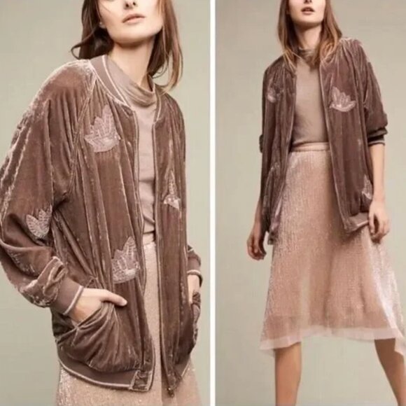 Hei Hei Anthropologie West End Bomber Jacket Velvet Embroidered Birds Size M